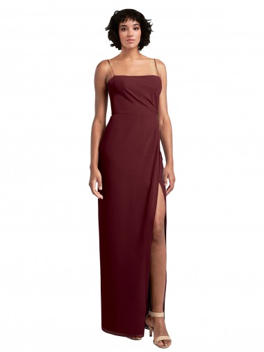 Sleek Straight Neckline Chiffon Bridesmaid Dress with Spaghetti Straps and High Side Slit