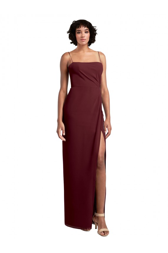 Sleek Straight Neckline Chiffon Bridesmaid Dress with Spaghetti Straps and High Side Slit