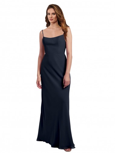 Scoop Neck Long Chiffon Open Back Bridesmaid Dress with Spaghetti Straps