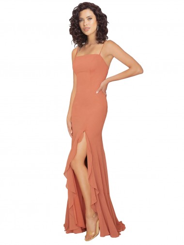 Chiffon Square Neck Bridesmaid Dress with Ruffled Skirt Slit