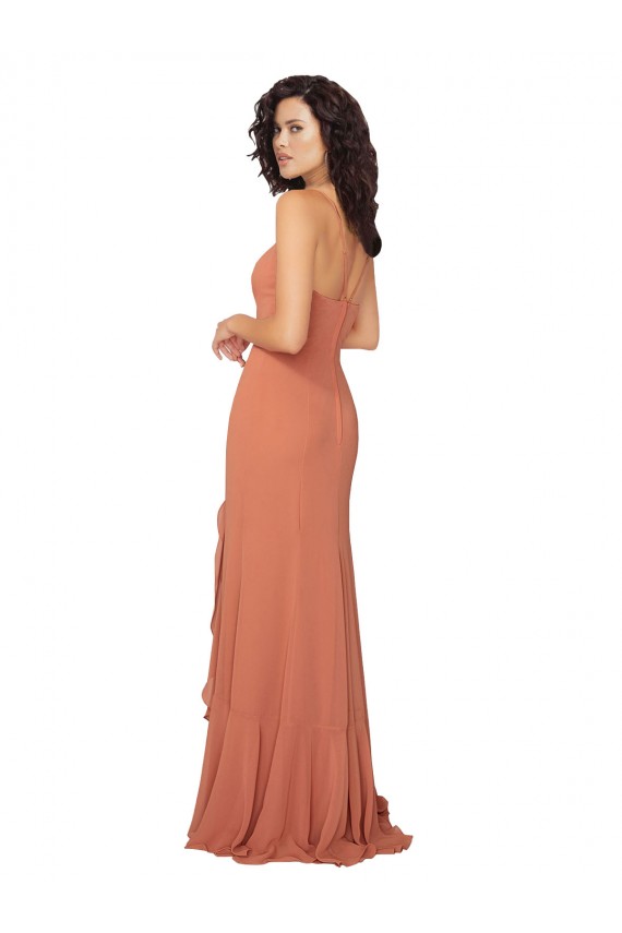 Chiffon Square Neck Bridesmaid Dress with Ruffled Skirt Slit