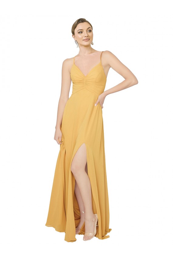 Ruched Chiffon Bridesmaid Dress with Pockets & Tie Back Detail