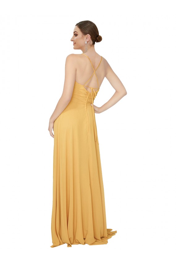 Ruched Chiffon Bridesmaid Dress with Pockets & Tie Back Detail