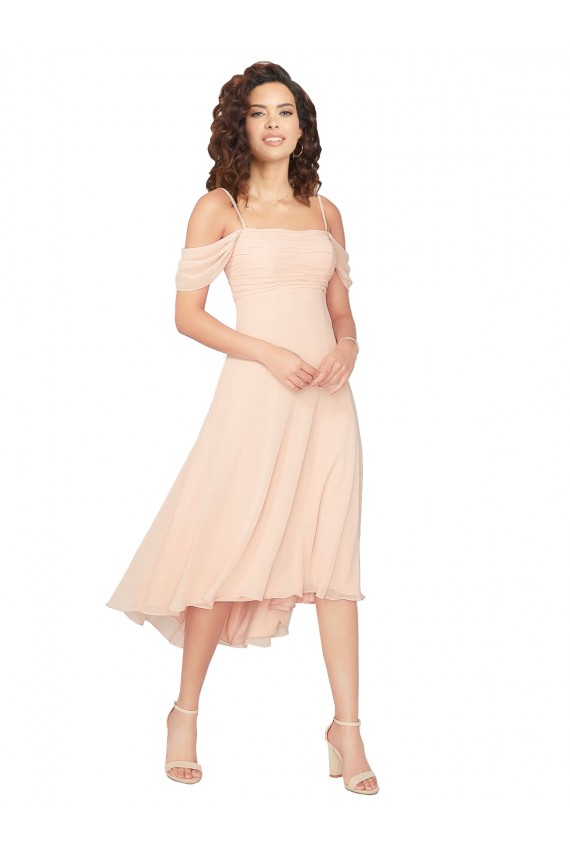 Cold Shoulder Midi Length Short Chiffon Bridesmaid Dress