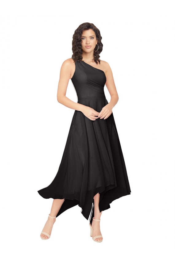 Midi Length One Shoulder Chiffon Cocktail Bridesmaid Dress