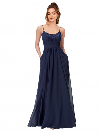 Long Chantilly Lace and Ruched Chiffon Bridesmaid Dress with Pockets