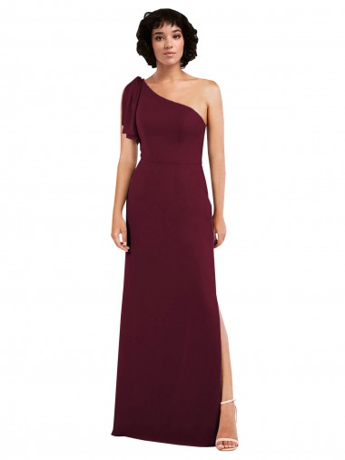 One Shoulder Chiffon Formal Bridesmaid Dress with Skirt Slit and Accent Strap