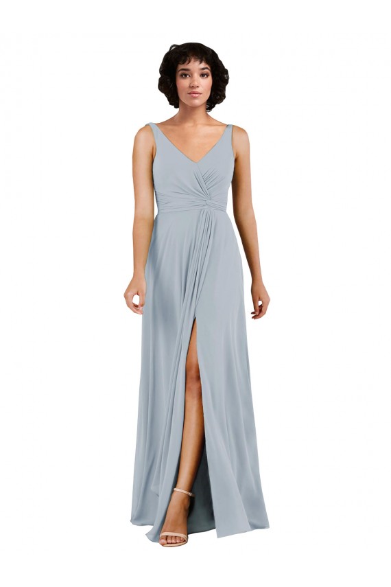 V-Neckline Wrapped Chiffon Bridesmaid Dress with Skirt Slit