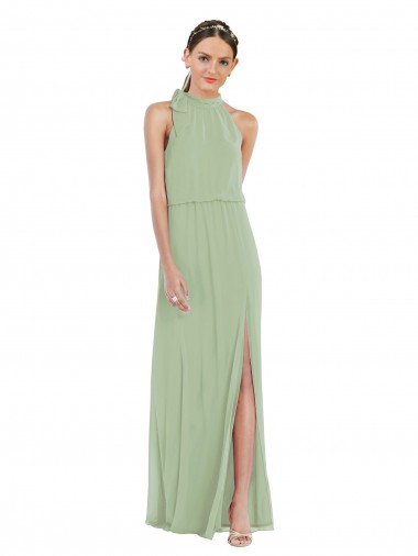 High Neck Scarf Tie Blouson Bodice Maxi Bridesmaid Dress with Front Slit