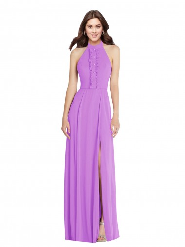 Halter Backless Maxi Formal Bridesmaid Dress with Button Ruffle Placket