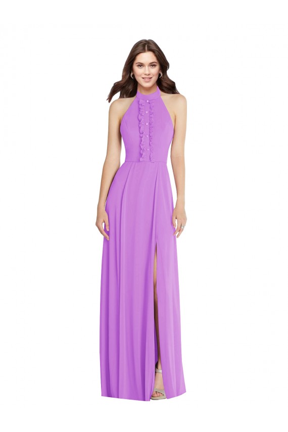 Halter Backless Maxi Formal Bridesmaid Dress with Button Ruffle Placket