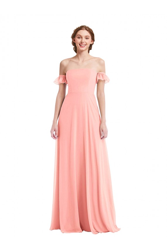 Off the Shoulder Ruffle Cuff Sleeve Chiffon Maxi Bridesmaid Dress