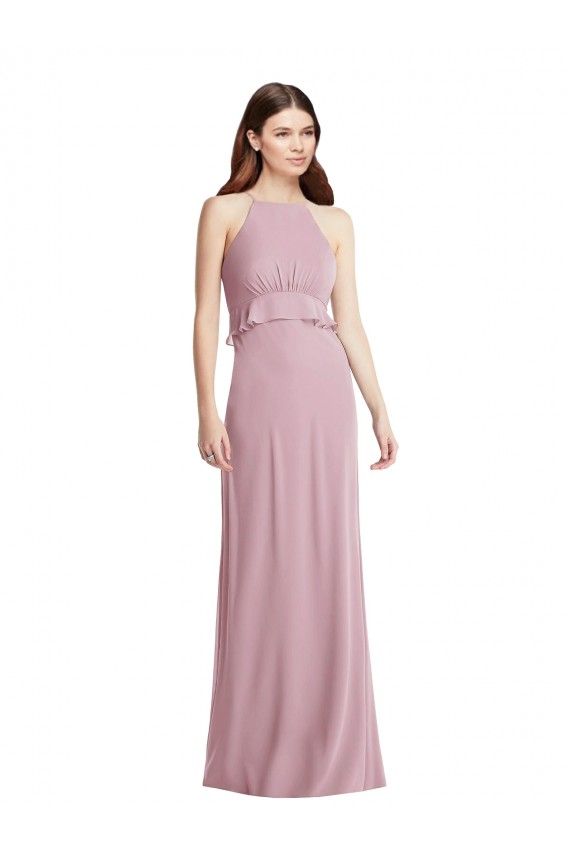 Bias Ruffle Empire Waist Halter Maxi Bridesmaid Dress