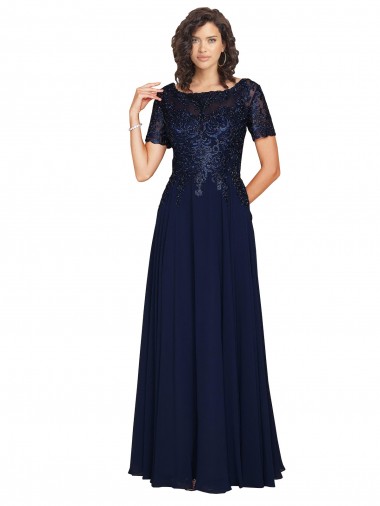 Short Sleeves A-Line Long Chiffon Bridesmaid Dress / Prom Dress with Beaded Bodice