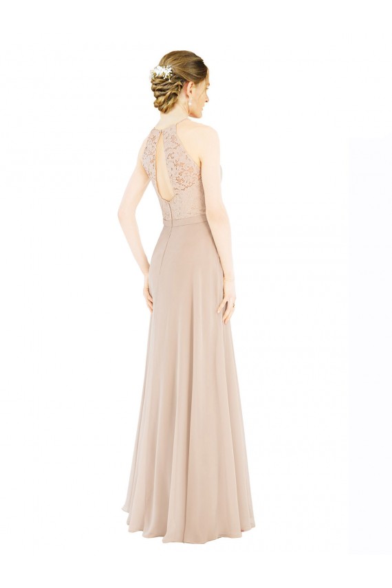 High Halter Neck Illusion Lace Bridesmaid Dress / Prom Dress with Chiffon Skirt and Keyhole Back