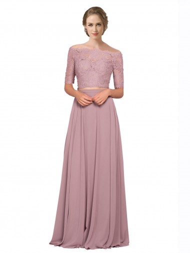 Off the Shoulder Lace Crop Top A-Line Chiffon Bridesmaid Dress / Prom Dress