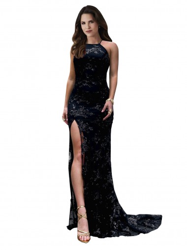 Formal High Neckline Lace Open Back Bridesmaid Dress / Prom Dress with High Slit