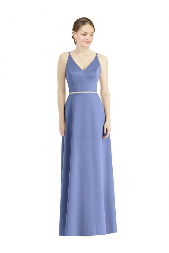 Long Floor Length V-Neck Satin Bridesmaid Dress with Spaghetti Straps