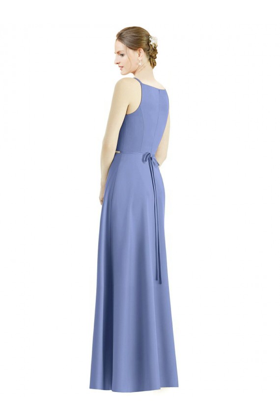 Long Floor Length V-Neck Satin Bridesmaid Dress with Spaghetti Straps