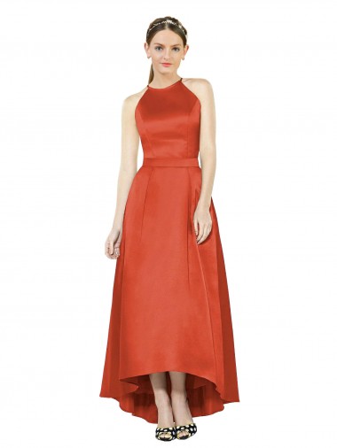 Full Length Halter Satin Bridesmaid Dress with Hi-Low Hem Detail