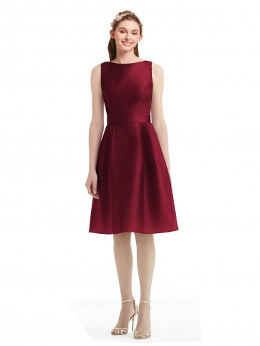 Short Midi Length Satin Cocktail Bridesmaid Dress with Bateau Neckline and V-Back