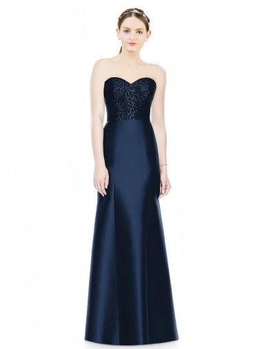 Full Length Strapless Satin Bridesmaid Dress with Lace Sweetheart Neckline