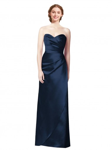 Faux Wrap A-Line Long Satin Bridesmaid Dress with Draped Bodice