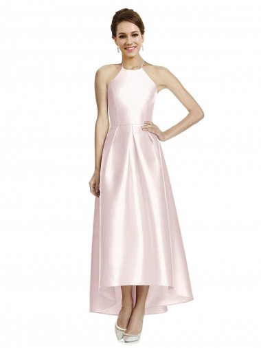 Long High-Low Halter Satin Bridesmaid Dress with Criss-Cross Back