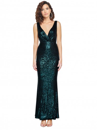 V-Neck Full Length Formal Sequin Bridesmaid Dress / Prom Dress with Draped Back