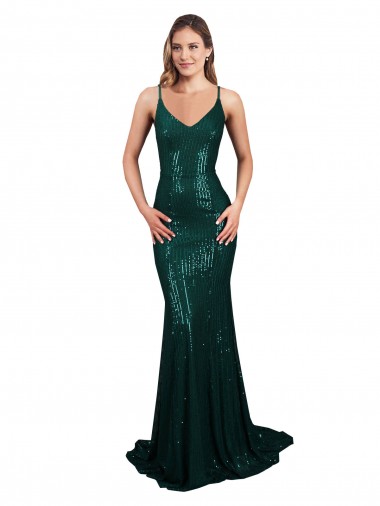 Fishtail Shaped V-Neck Open Back Long Formal Sequin Bridesmaid Dress / Prom Dress