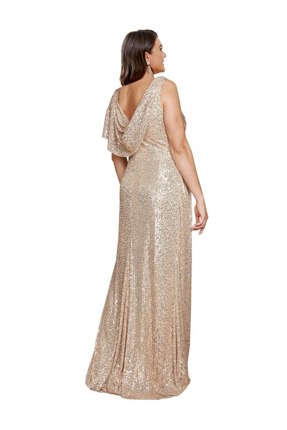 Deep V-Neck Sleeveless Sparkling Formal Sequin Bridesmaid Dress / Prom Dress with Draped Cowl Back