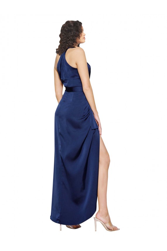 Full Length High Neck Wrap Formal Silky Satin Bridesmaid Dress / Prom Dress with Waist Tie