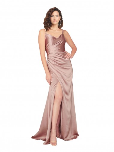 Floor Length Formal Silky Satin Bridesmaid Dress / Prom Dress with Front Skirt Slit