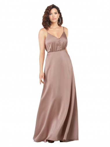 Subtle V-Neckline Formal Silky Satin Bridesmaid Dress with Front Button Detail