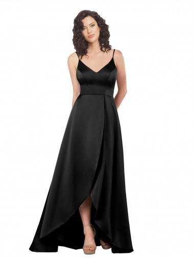 High Low V-Neckline Formal Silky Satin Tulip Bridesmaid Dress / Prom Dress with Wrap Skirt