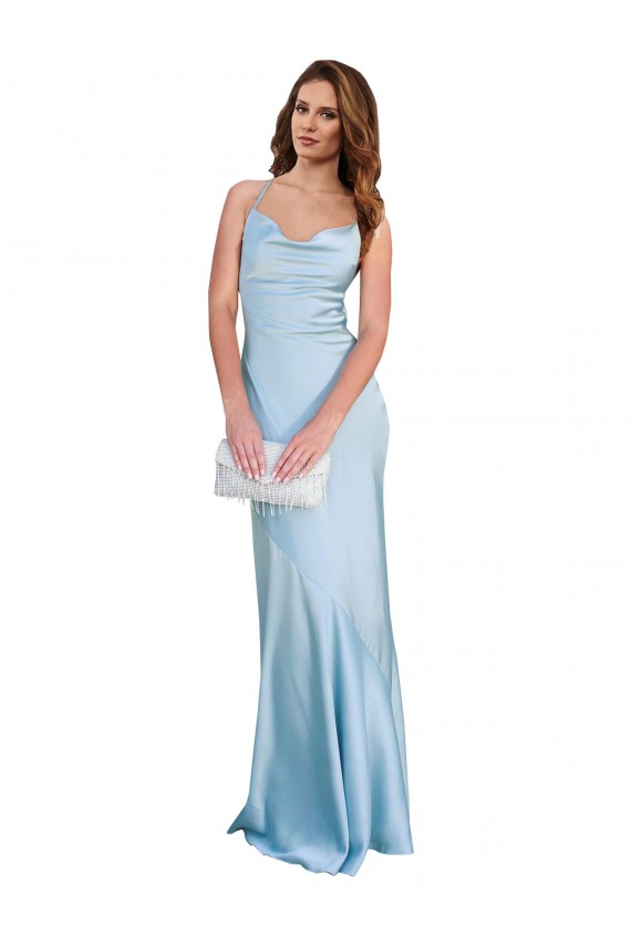 Open Back with Ties Cowl Neck Sheath Formal Silky Satin Long Bridessmaid Dress