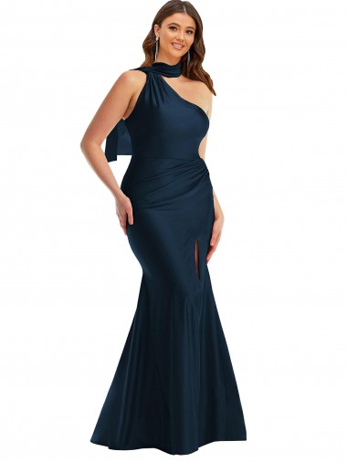 Scarf Neck One Shoulder Formal Silky Satin Mermaid Bridesmaid Dress / Prom Dress with Front Slit