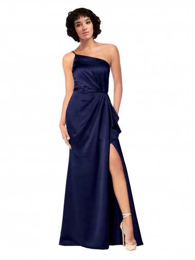 One Shoulder Formal Silky Satin Bridesmaid Dress / Prom Dress with Skirt Slit