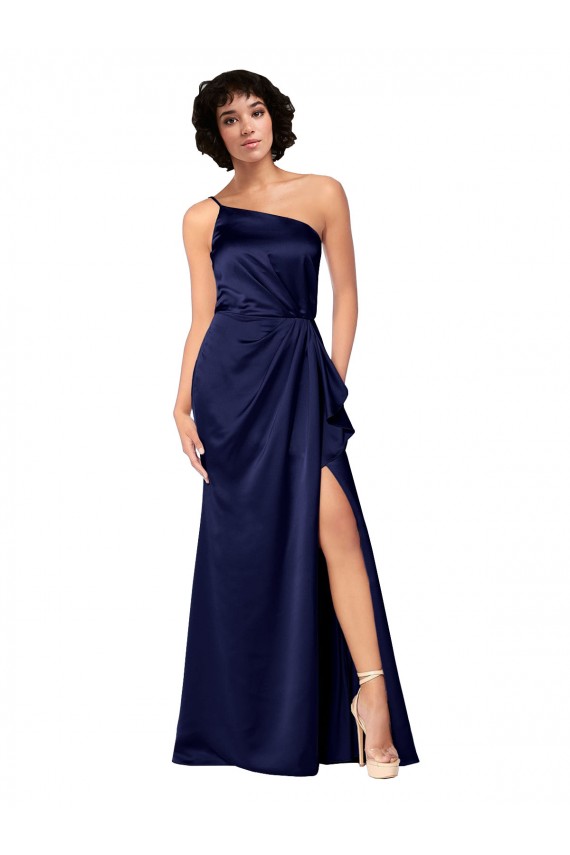 One Shoulder Formal Silky Satin Bridesmaid Dress / Prom Dress with Skirt Slit