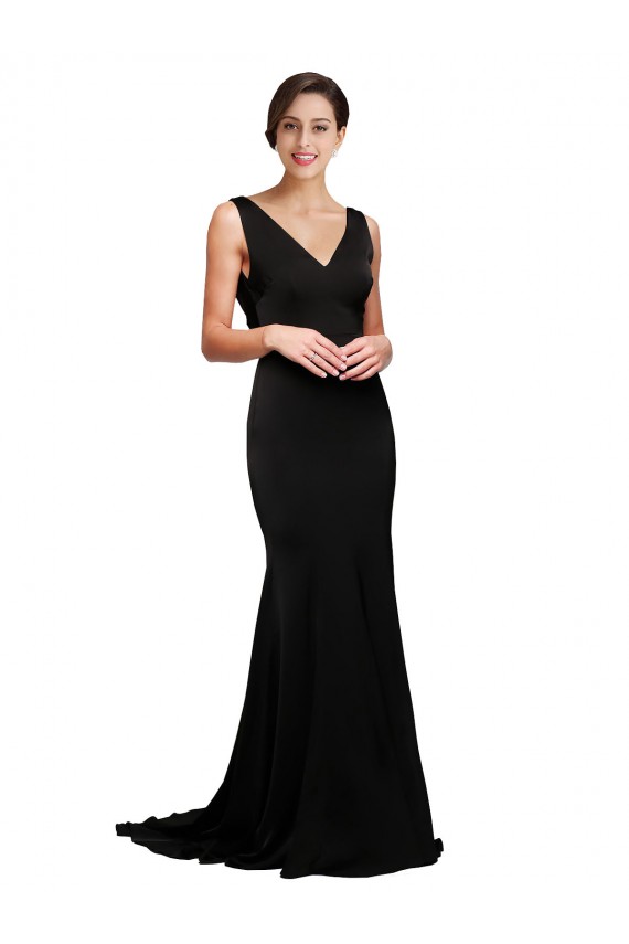 V-Neck Full Length Formal Silky Satin Bridesmaid Dress / Prom Dress with Soft Cowl Neck and Sweep Train