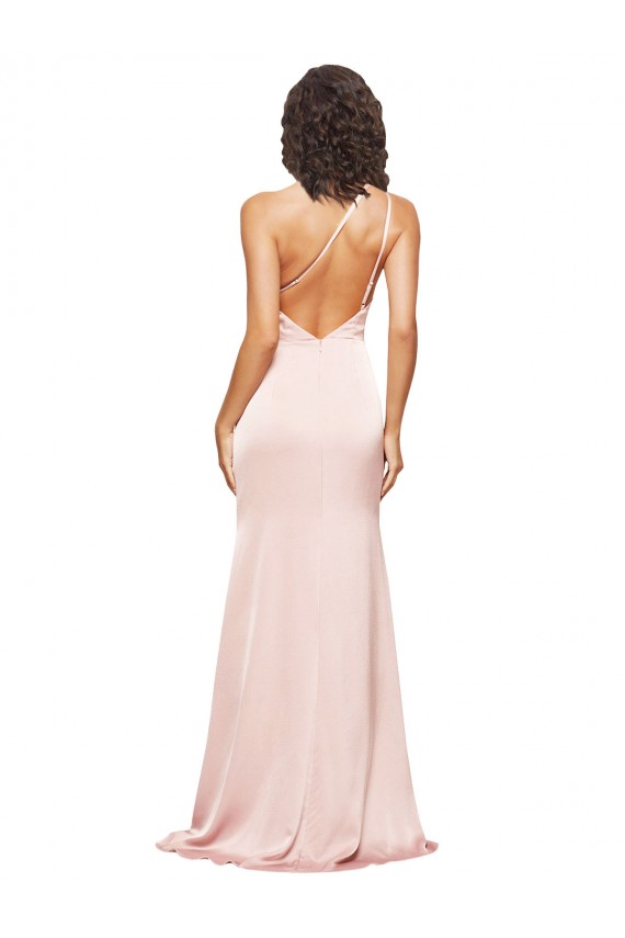 Full Length Ruched Formal Silky Satin Bridesmaid Dress / Prom Dress with Low Back and High Split