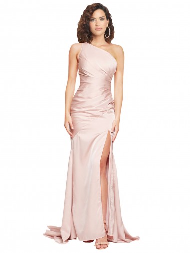 Full Length One Shoulder Long Formal Silky Satin Bridesmaid Dress / Prom Dress with High Split