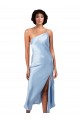 Midi Length Short Formal Silky Satin Bridesmaid Dress / Cocktail Prom Dress with Asymmetric Neckline and High Side Split