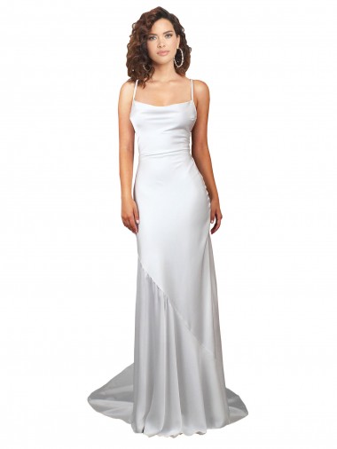 Simple Lace Up Back Cowl Neck Long Sweep Train Silky Satin Beach Wedding Dress