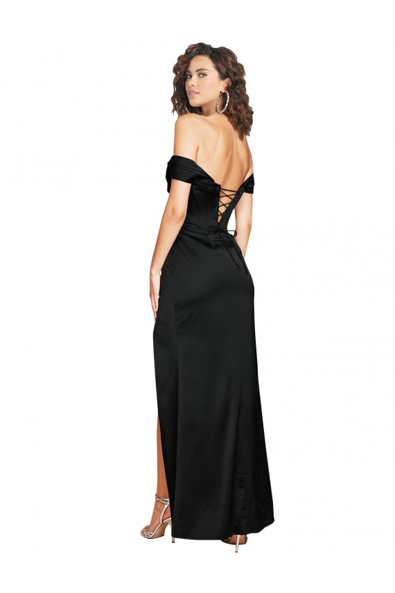 Fitted Sweetheart Neckline Formal Silky Satin Bridesmaid Dress / Prom Dress with Off the Shoulder Sleeves and High Slit