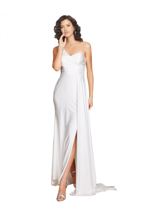 One Shoulder Floor Length Silky Satin Wedding Dress with Side Slit