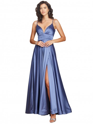 Deep V-Neck Sweetheart Long Formal Silky Satin Bridesmaid Dress / Prom Dress with Thigh High Slit