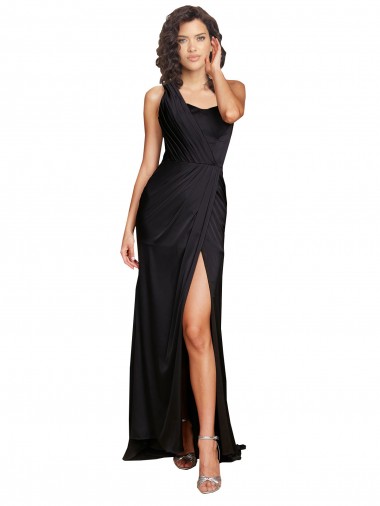 Full Length One Shoulder Ruffled Long Formal Silky Satin Bridesmaid Dress / Prom Dress with High Slit