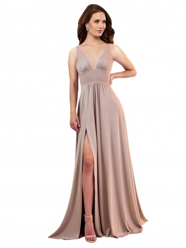 Long A-Line Plunge V-Neckline Formal Spandex Bridesmaid Dress / Prom Dress with Slit