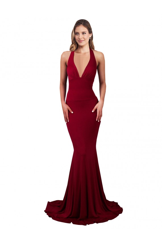 Halter Mermaid Plunge V-Neckline Open Back Bow Tie Formal Spandex Bridesmaid Dress / Prom Dress